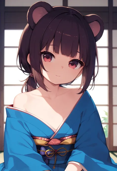 masterpiece, best quality, 1 cute small girl , short dark brown hair, straight hair, straight bangs, fringe, low ponytail, bear ears, crimson eyes, flat chest, kimono, on her room