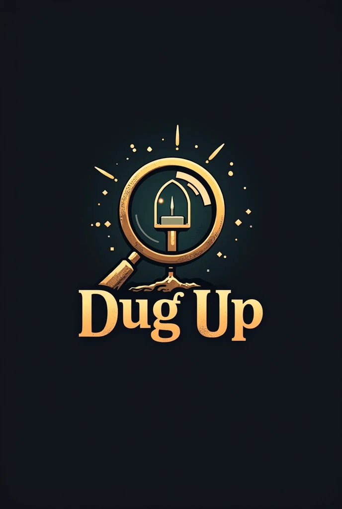 Logo Concept:
1. **Main Symbol**: A **magnifying glass** with a handle shaped like a shovel, symbolizing the idea of "digging up" secrets and mysteries.
2. **Buried Element**: Beneath the magnifying glass, you can have a **half-buried object** like a chest...