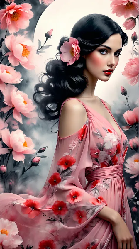 In a whimsical floral backdrop, a graceful European woman from the 1920s stands elegantly. Her delicate features are softly illuminated, framed by gentle waves of dark hair. She wears a flowing pink dress that billows lightly, enhancing her serene presence...