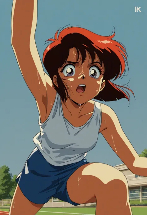 Animation, work of art, 8K quality, retro cartoon, girl in running shorts and tank top, short bob hair, sprinting on athletics track, sweating and trying her best, low angle shot focusing on her facial expression, advanced lighting techniques, blue sky in ...