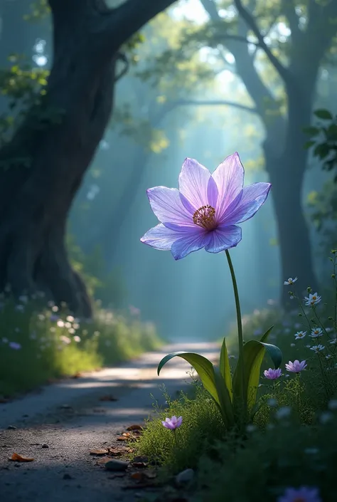  In the Mysterious Forest 　 a pansie flower made of a single glass blooming by the roadside　The color is light purple 　Shining in the morning sun 。