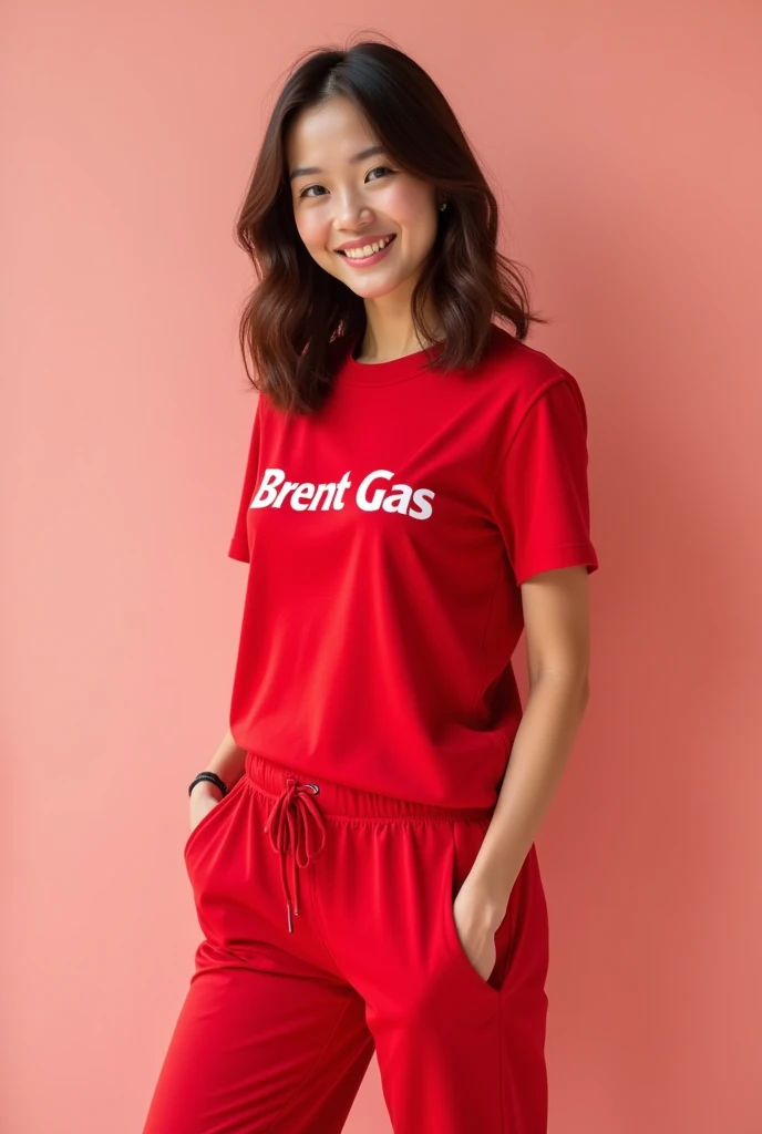 Create a full body of a pretty women wearing a tshirt red and pants  with the name written "Brent Gas"