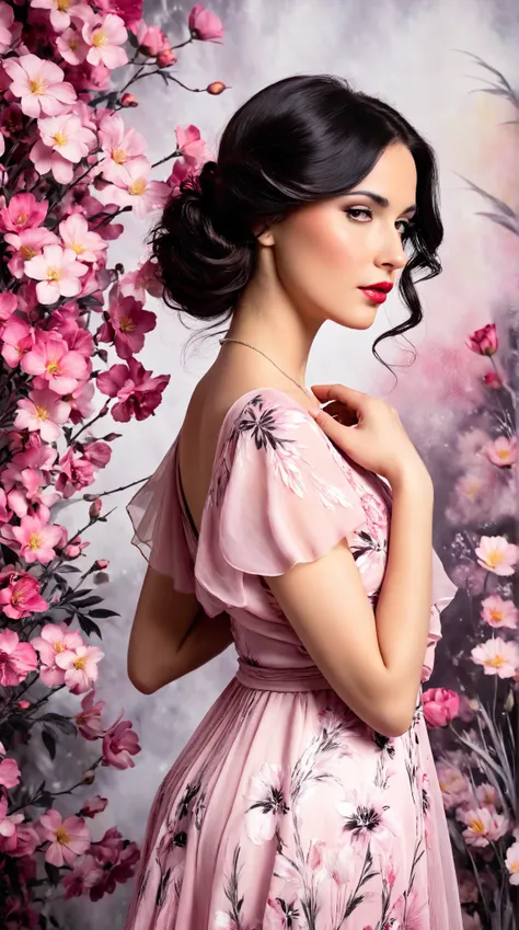 In a whimsical floral backdrop, a graceful European woman from the 1920s stands elegantly. Her delicate features are softly illuminated, framed by gentle waves of dark hair. She wears a flowing pink dress that billows lightly, enhancing her serene presence...