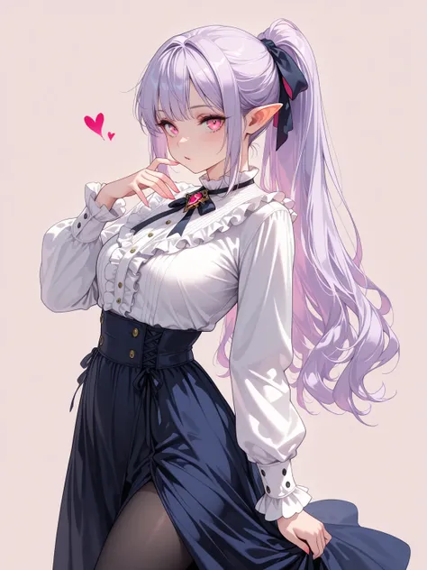 ((masterpiece, best quality)), 1girl, light purple hair, long hair, ponytail, pink eyes, vampire, fluffy, (white shirt, long sleeves, blue high-waist long skirt, frills), black pantyhose, hair ribbon, calm, looking at viewer, cowboy shot, no cropping, simp...