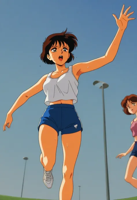 Animation, work of art, 8K quality, retro cartoon, girl in running shorts and tank top, short bob hair, sprinting on athletics track, sweating and trying her best, waving her arms, low angle shot focusing on her facial expression, advanced lighting techniq...