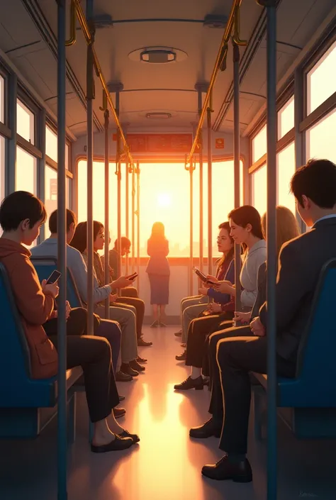 Sunlight streams in, giving a warm glow inside the bus. Other passengers are visible, some chatting, others looking at their phones.