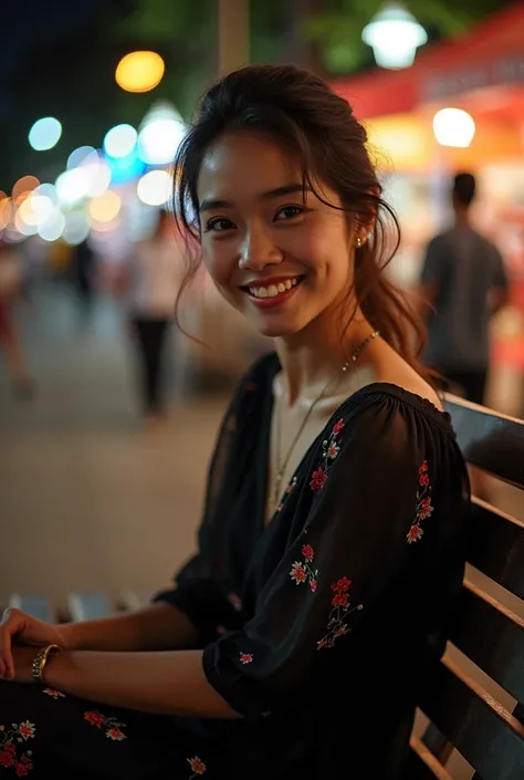  a masterpiece of professional photography ,  a beautiful Indonesian woman is sitting on a street bench Malioboro Yogyakarta, A lively night atmosphere , she is wearing a black floral dress , she smiles sweetly looking at the camera  