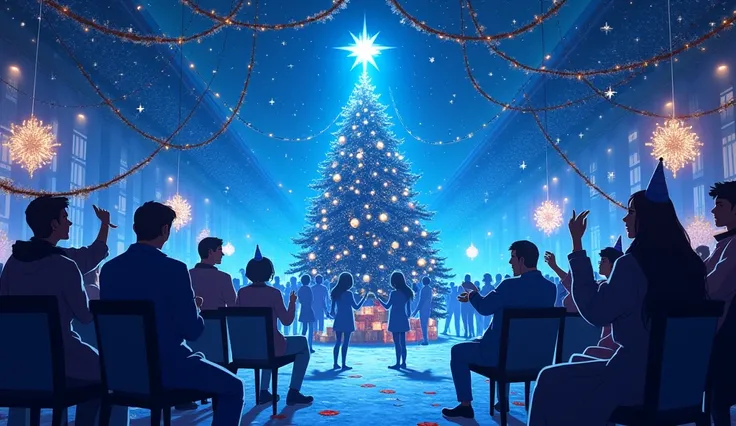 Blue-colored New Years room with a Christmas tree 