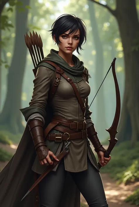  I want a detailed image of a fantasy character named Astrid , The Bounty Hunter . He is at the hunting ground , , a building in the middle of the forest where hunters gather for their tasks..
 Physical Description :  Astrid is a woman of athletic build , ...