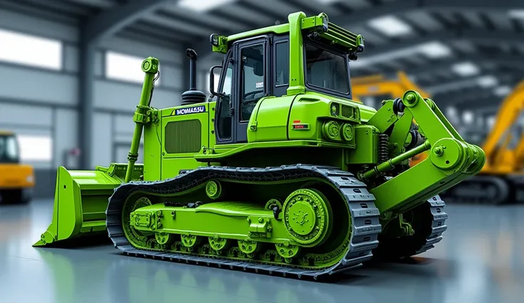 Right View

"A right-side view of a bright green Komatsu bulldozer in a well-lit industrial warehouse. The image highlights the detailed structure of the tracks, the hydraulic system, and the cabin from the right angle. The polished floor reflects the mach...