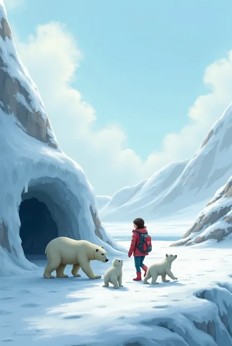 Scene 1: Snowy Mountain Landscape

Visual: Wide shot of a serene, snowy mountain. A polar bear is pacing nervously near a small cave.
Background Music: Gentle, emotional piano tune.
Voiceover (or on-screen text):
"In the heart of the frozen mountains, a mo...