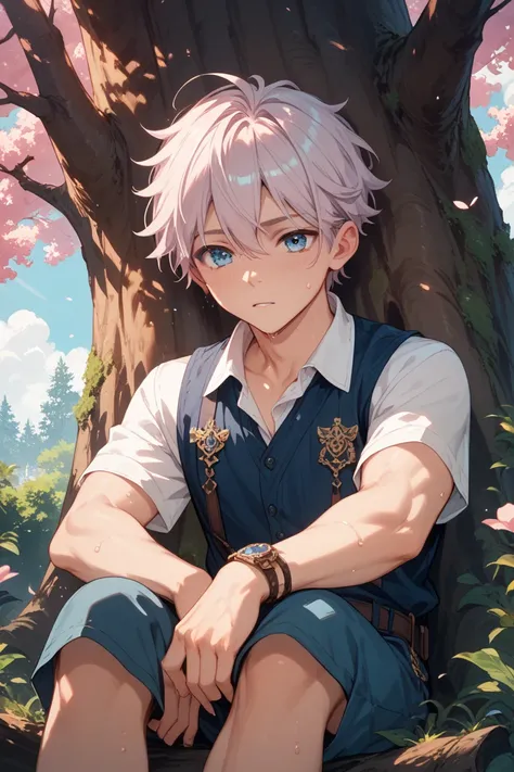 a boy, adorable, platinum and pink hair, pink and sky blue eyes, sitting under a tree, bewildered expression, sweat on his face "detail","masterpiece","color "brilliant", "light",”boy”