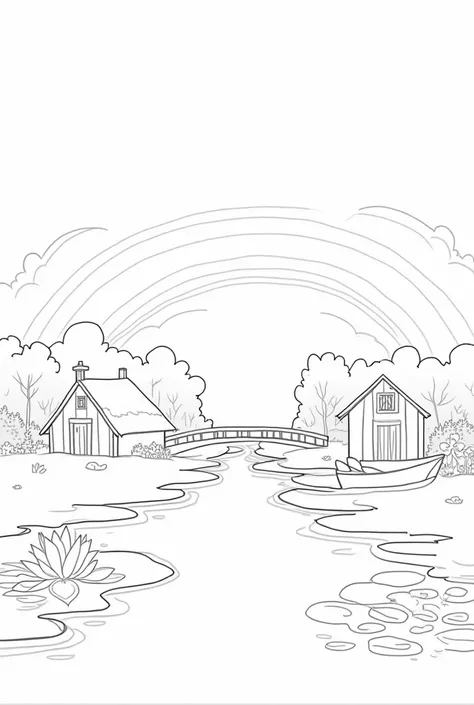 coloring page styled very easy  very easy,,summer morning, beautifull village scenery, hand drawn , summer like,aster flower garden,rainbow,river with big boat, sun,little hut, pond with full of water lily and also with foot bridge ,drawing, clear ,simple ...