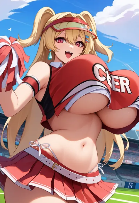 score_9, score_8_up, score_7_up, source_anime BREAK 1girl, solo, nikkeclay, pink eyes, blonde hair, two side up, long hair, visor cap, hair clip, earrings, cheerleader, crop top, sleeveless, armband, underboob, navel, midriff, white belt, side-tie panties,...