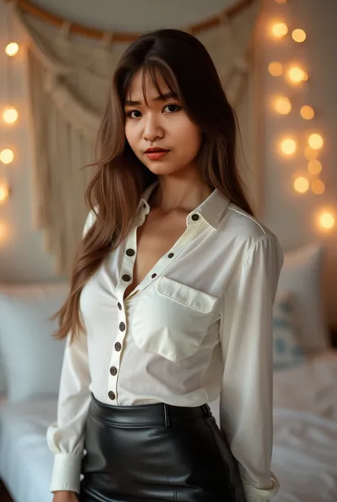 A beautiful young woman with long, straight brown hair poses confidently in a well-lit bedroom. She is wearing a tight, white button-up blouse that reveals her curves, paired with a sleek, black leather skirt that adds a bold and stylish touch. Her allurin...