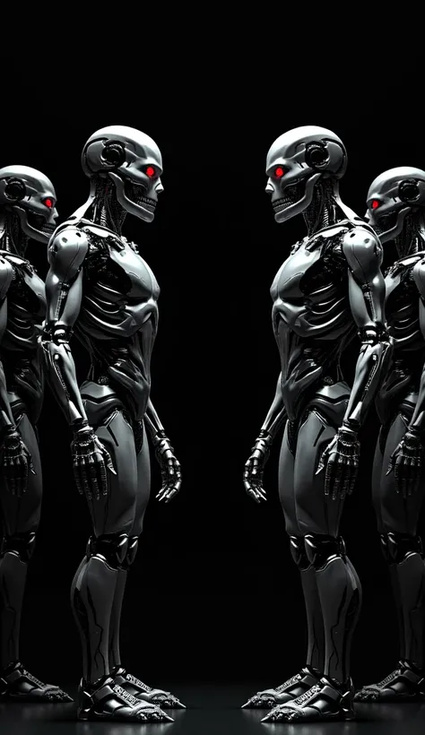 Make a realistic image on 3 terminator robots that encountering each others.  Image have black background.  Terminator Robots have same body as a human have.