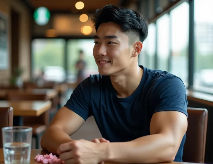 Real picture, natural light , ((realistic daylight)) , , a Korean man wearing a navy blue sports short-sleeved round neck T-shirt,  handsome,Big arm muscles,  tight breasts ,  muscle bundle  , Bold eyebrows, sly smile, Looks like a Pumpkin Boy , , 23 years...