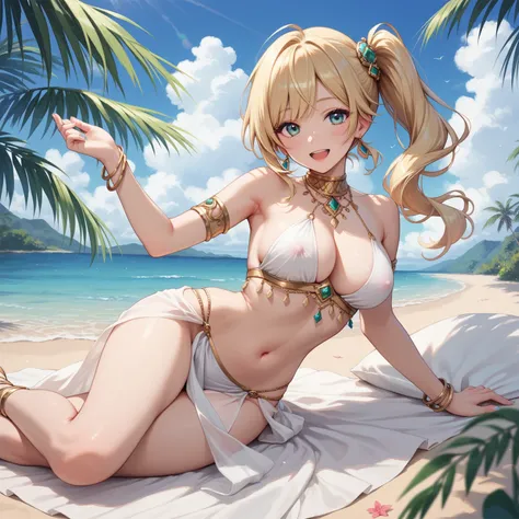 ((1 girl)) ,blonde hair, long hair, green eyes, with slender legs and an enticing beach pose, wearing a elegant white gown that shows off her navel, resembling an Arabian belly dancer. She has a short trimmed skirt and her flowing blonde hair is styled in ...