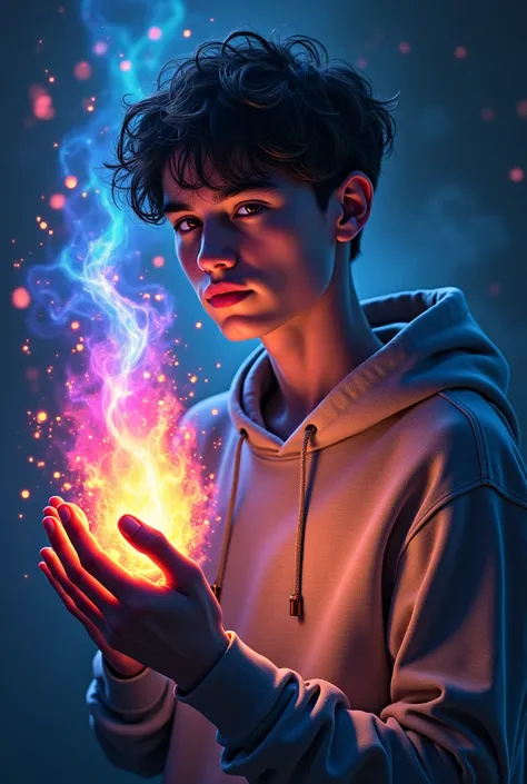 A young man in a casual hoodie turns one side of his face towards the screen, holding a multi-colored flame in his hand, surrounded by glowing fragments of consciousness.