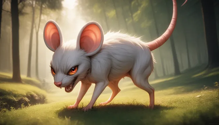 A realistic depiction of a Pokémon battle moment: Rattata, a small purple mouse Pokémon, leaping aggressively out of tall grass, its sharp teeth bared and eyes glowing with determination. The scene is set during the golden hour, with warm orange sunlight s...