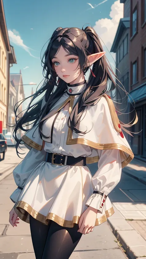 Master, Elf girl, FrierenBase, twintails, earrings, white capelet, striped shirt, white skirt, long sleeves, belt, black pantyhose, red wands with gold crescent and ruby on the top, 18 century Germen style Buildings and street, blue sky with white cloud