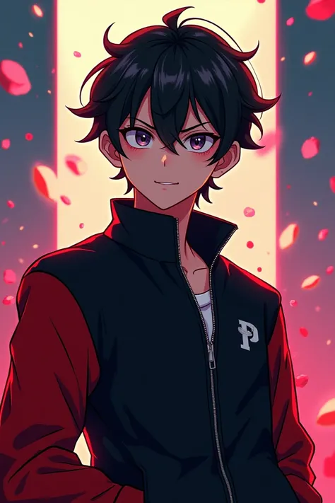 Round-faced guy wears black jacket red sleeves without a hood anime cool background HD