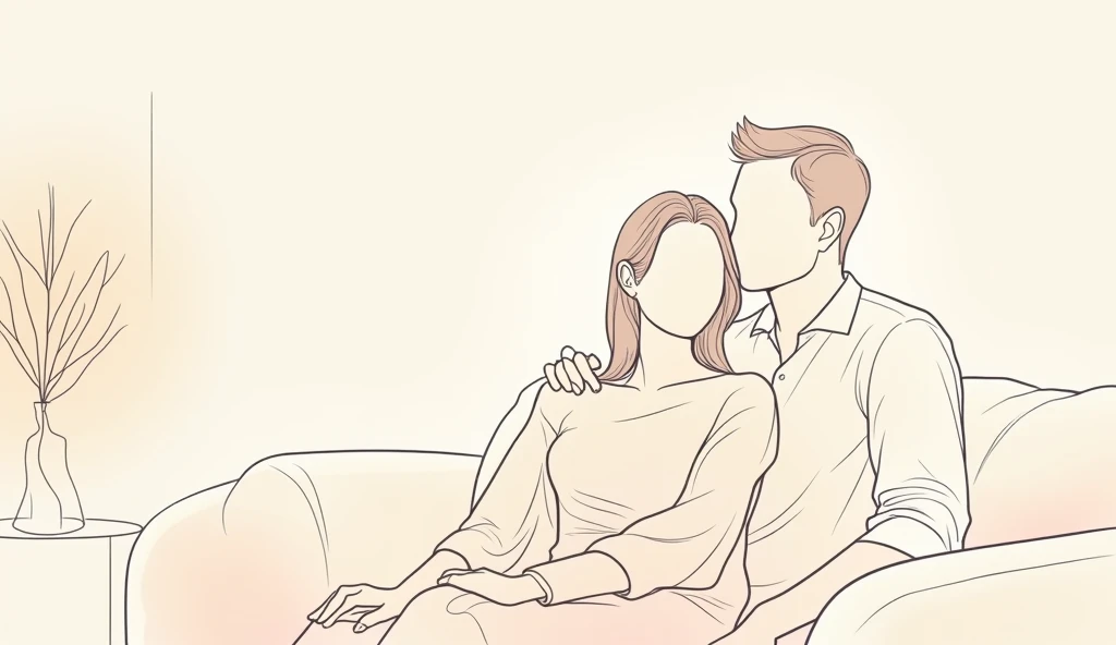 “An elegant and minimalist line art illustration showing a couple in a living room. The faces are intentionally left undefined, with the focus on clean and simple lines to highlight the overall form and posture. Soft pastel tones are subtly applied to enha...