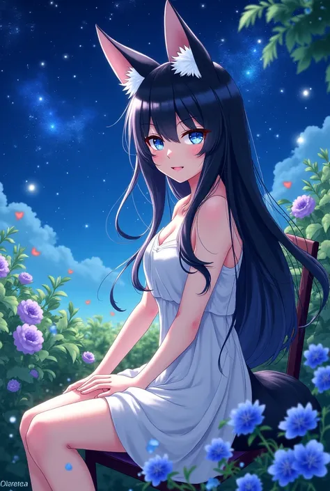 Gadis, rambut panjang hitam, galactic hair , blue eyes, white dress,  fox ears and tail, beautiful,  sitting on a chair , ditaman , the night, art anime