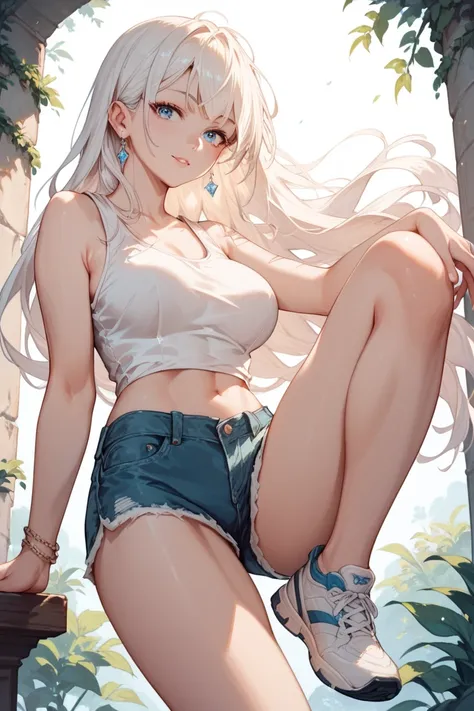 Satoru is a 20-year-old girl , with size 7 breasts,  with blue eyes , white long hair,  wearing a white sleeveless tank top,  in short shorts .  She stands on one leg ,  and lifts the second one straight up