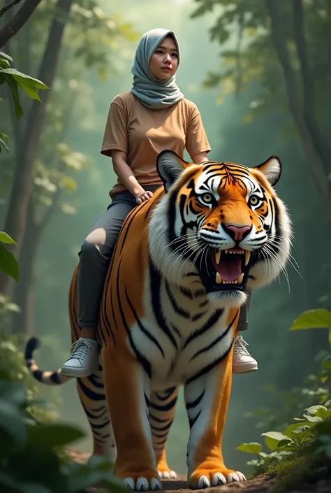 1 beautiful Indonesian adult woman, senyum, berhijab tertiup angin.wear a t-shirt, jake dan velana panjang.white shoes. riding a giant tiger in the jungle, very big tiger, tampak depan, facial details.
