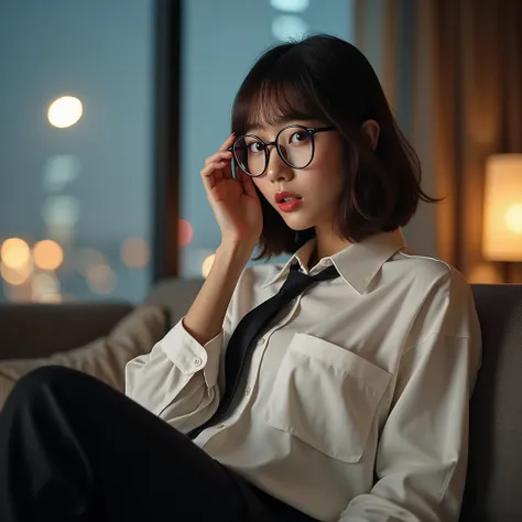 Realistic side view image of beautiful Japanese woman sit bent on a sofa in a modern living room with window background see a rainy city night. 
Her face show a shocked what the heck happened to my face expression.
Wearing round glasses,brown almond eyes,l...