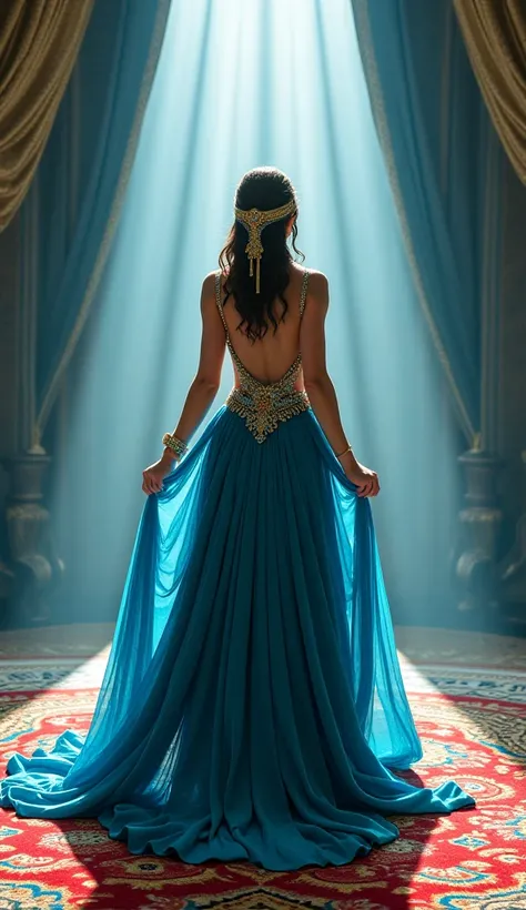 A breathtaking moment capturing Cleopatra emerging from the carpet, her figure illuminated as if by divine light. She wears an half naked elaborate gown of deep azure silk, adorned with sparkling gemstones and golden embroidery that catches the eye. Her ha...