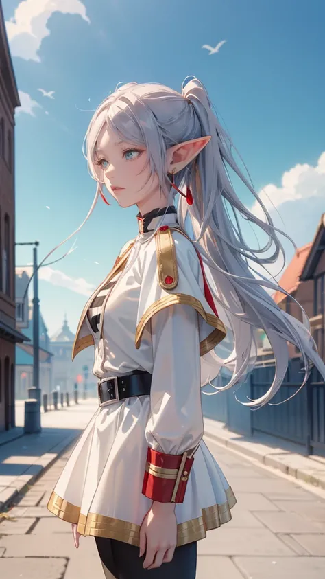 Upper body, Master, Elf girl, FrierenBase, silver twintails, earrings, white capelet, striped shirt, white skirt, long sleeves, belt, black pantyhose, red wands with gold crescent and ruby on the top, 18 century Germen style Buildings and street, blue sky ...