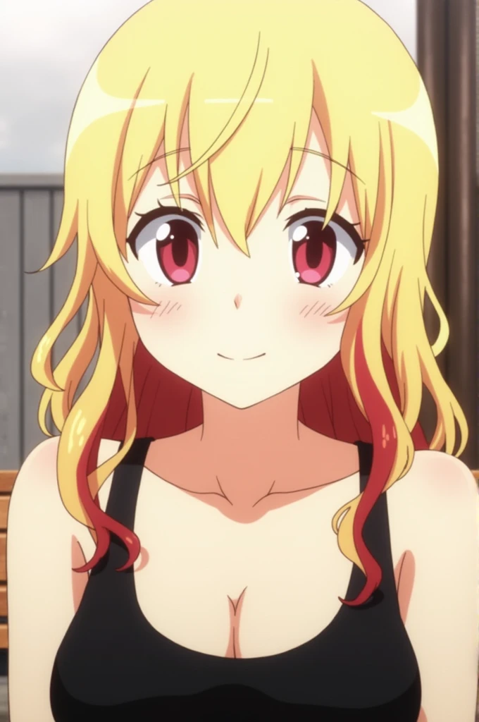 Screenshot from boku no hero academia. Blonde hair with red streaks, wavy hair with bangs. Crimson eyes. She has a half-happy expression. She is wearing a black, low-cut tank top. 