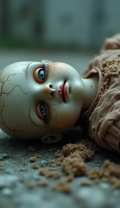 A close-up of a torn doll lying on the ground, with tattered clothes and a sad expression, creating a sense of unease.