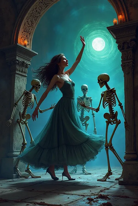 surrealism image featuring beautiful dancing women dancing with very spooky carved skeletons in illustration style against the background of dark and intricate medieval fantasy setting details of very spooky iridescent colors 