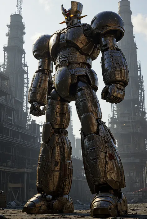  a highly realistic version of the modified Mazinger Z ,  standing 100 meters high in a forward position.  constructed with modern materials such as steel ,  Carbon Fiber ,  other industrial elements are also visible ,  just like the real thing ,  where hi...