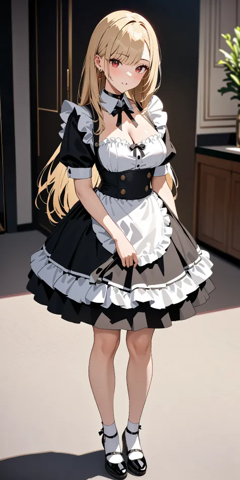  maid clothes, whole body, Kitagawa Marin, 1girl, blonde hair, long hair, multicolored hair, red eyes, jewelry, earrings, piercing, black choker, masterpiece:1.5, masterpiece, highest quality, UHD, retina, masterpiece, accurate anatomy, super detailed, hig...