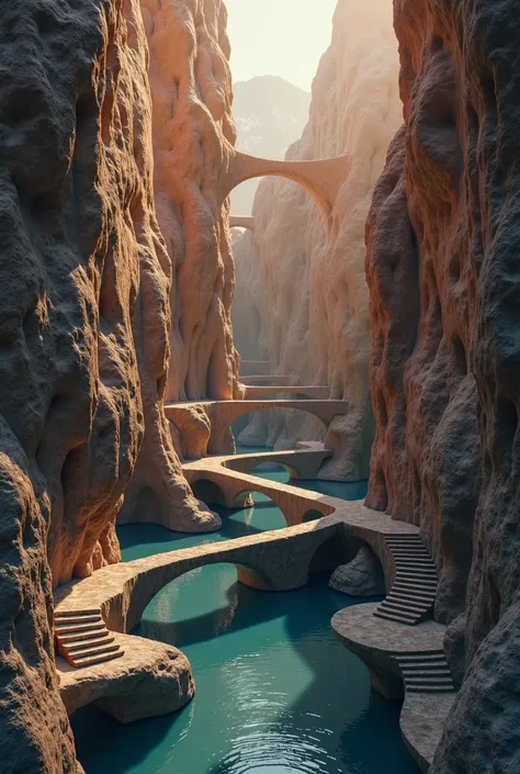 generate a scene inspired by M.C. Eschers signature style, incorporating impossible geometries, interconnected elements, and mind-bending perspectives. Focus on creating a seamless transition between foreground and background elements, with stairs, arches,...