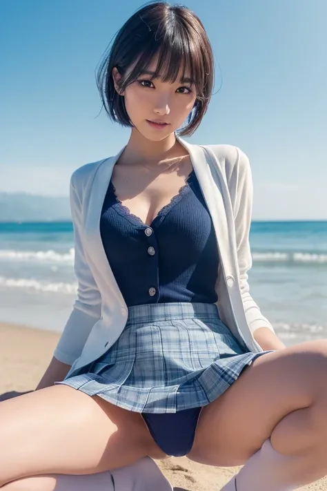 ,  pretty face ,  perfect body, small waist and Big Breasted , Thin legs, Big Breasted , realistic skin, Full body portrait, (repay, 8k, masterpiece: 1.2),  Japanese women, 18 years old, ( high res beautiful face),  amazing on the beach顔と目, ( top quality :...