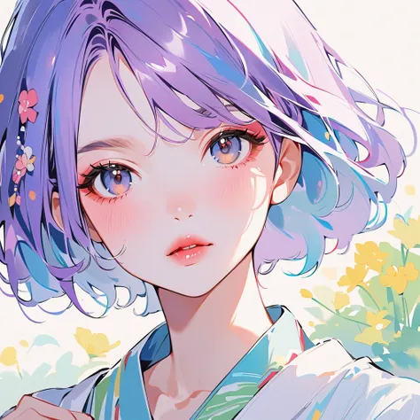 purple haired short haired ,    dark-eyed girl watercolor painting、Long Blue Hair、 bright color、kimono、