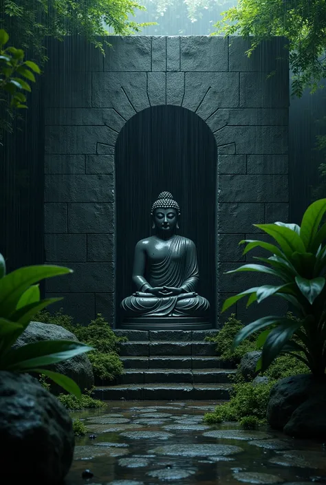 Large low-light rain shower with dark black vibes with textured natural stone mural and an image of Buddha on the mural with plants and moss and all this with very little light
