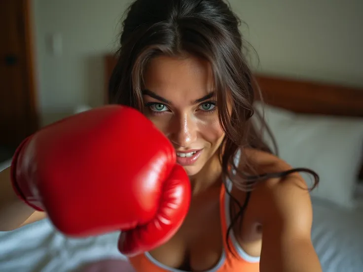 A visceral first-person low angle view, placing the viewer directly in the path of a powerful punch. A young, slim woman with a defined hourglass figure, flowing brunette hair, and piercing blue eyes fills the frame. Shes dressed in workout attire and brig...