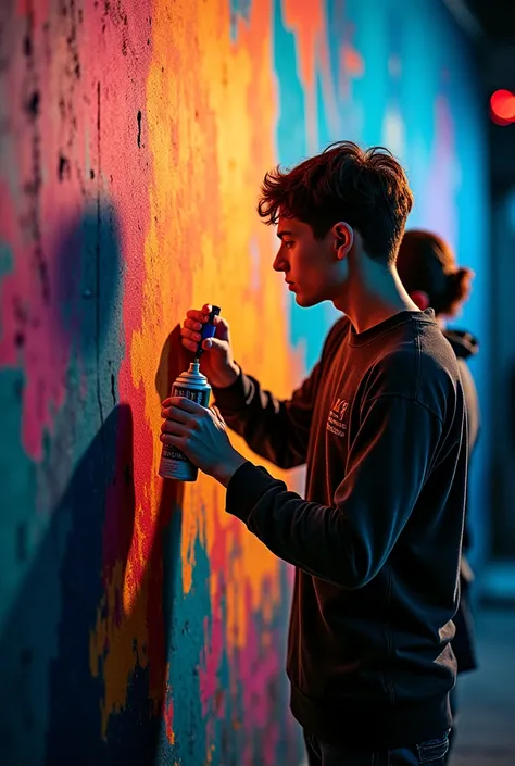 Imagine there is a boy of 24 year old and is painting a spray painting with a 22 year old girl they have a real skin type texture and there is dark atmosphere where 