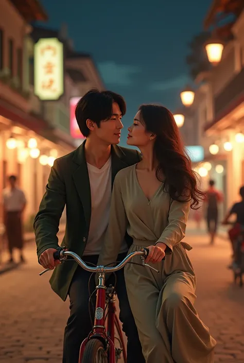 Handsome Korean man with beautiful Korean woman on ontel bike ride at night on Malioboro street Yogyakarta