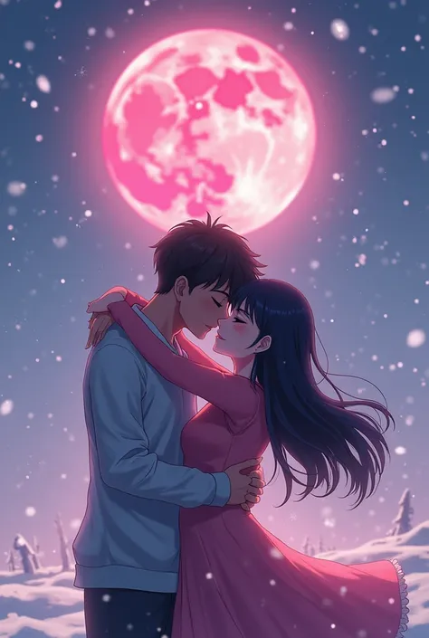 happy new year parvesh and nishthi. writen on sky snowfall, pink moon. red blood. anime charecter kissing each other