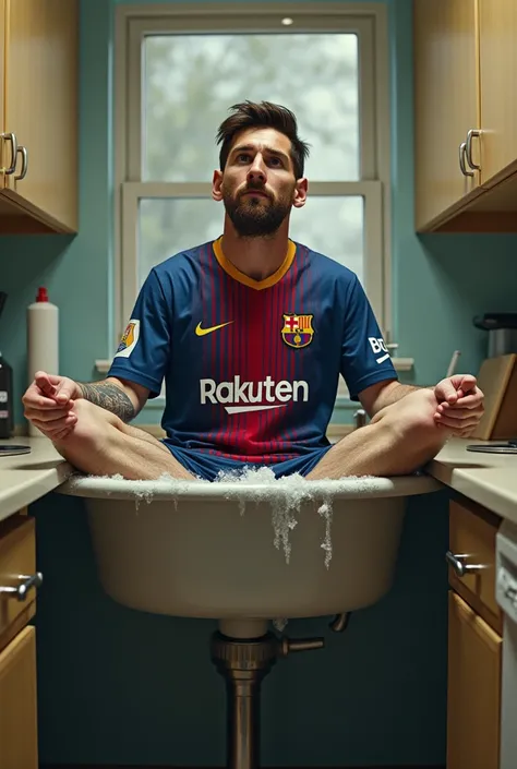 A picture of Messi sitting in the sink