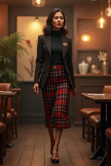 A woman in a tailored blazer, layered over a fitted turtleneck and plaid midi skirt, accessorized with a gold brooch on the blazer lapel. She walks confidently through a cozy coffee shop setting.