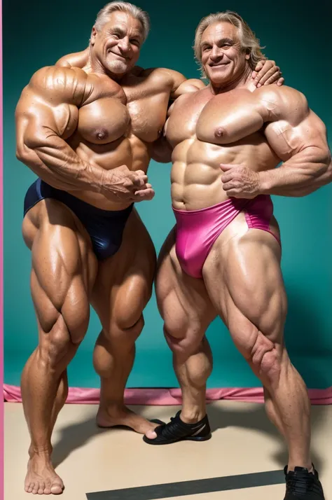 Hyperrealistic image of elderly Tom Platz,  bodybuilder who weighs more than 200 kg  ,With wet hair ,with big nipples ,  flexing muscles with highly developed quadriceps Dressed in a pink Spandex leotard of a Greco-Roman wrestler in a Greco-Roman wrestling...