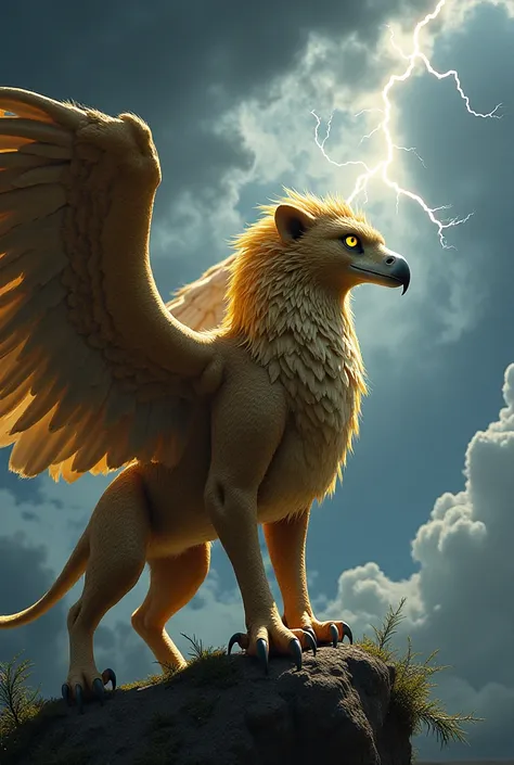 Griffin looks out for prey in the sky in a thunderstorm